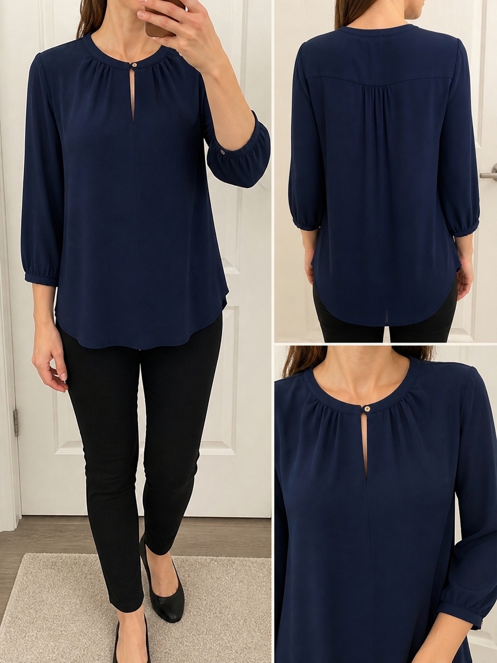 Le Château Navy Blue Flowy Blouse Elegant Office Top Size L